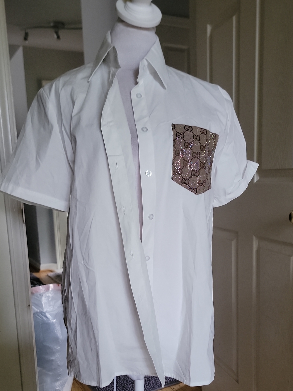 Inspired White Short-Sleeve Button-Down with Sequined Logo Pocket